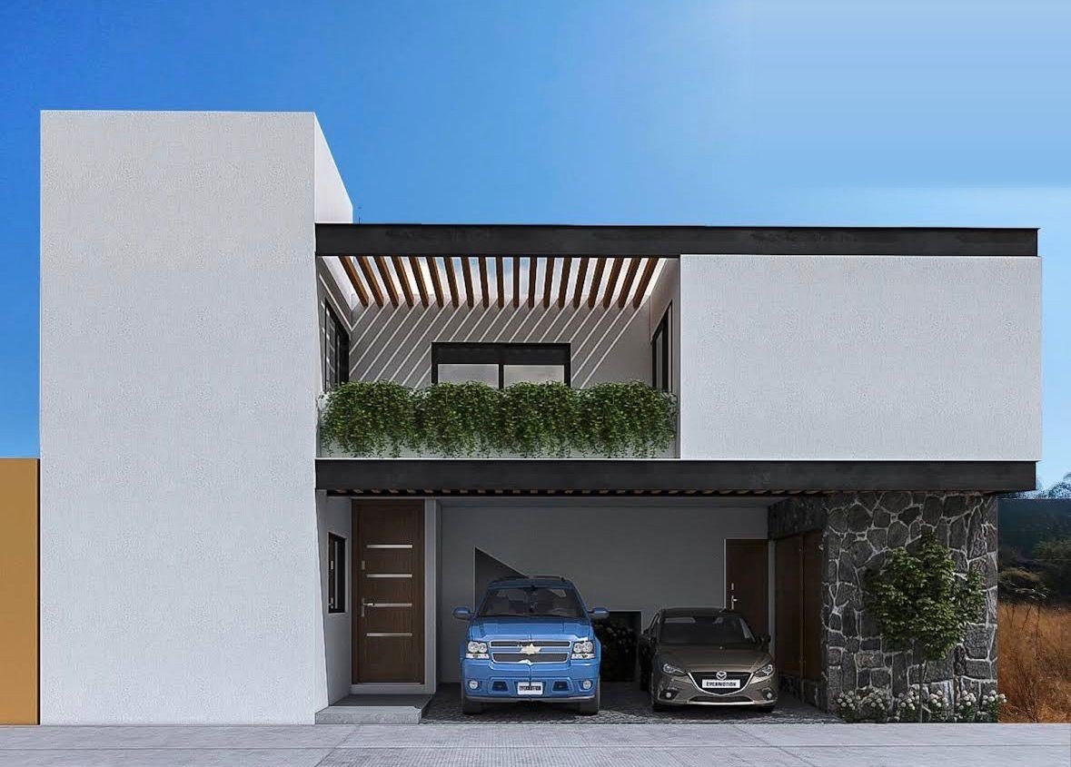 Fachada de casa contemporánea de dos niveles con cochera, muro de piedra y pérgola de madera, proyecto de Grupo Construtafoya